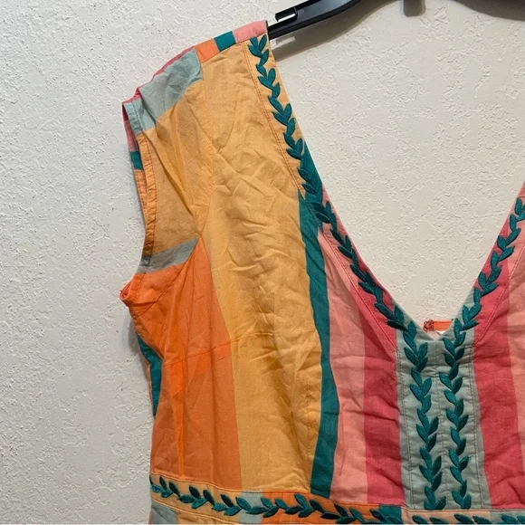 eshakti Plus Size 2X Leaf Embroidery Stripe Print Cotton Voile A-Line Dress - Picture 4 of 8